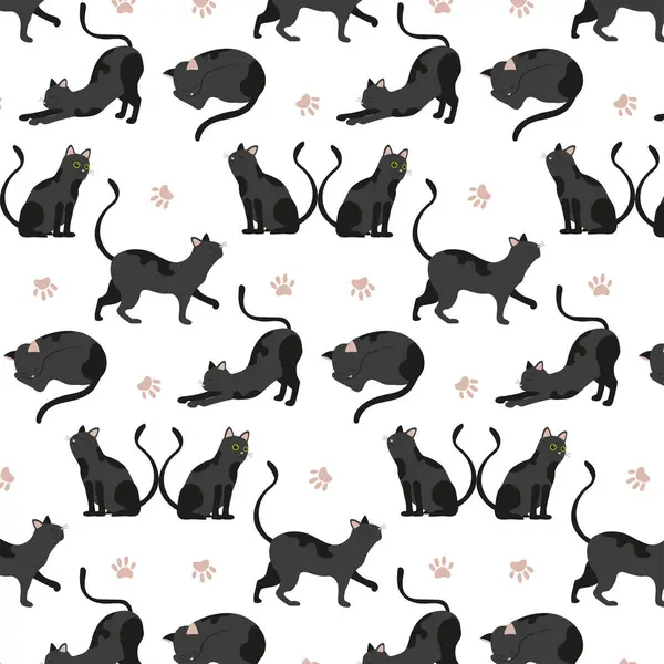Бесшовный Рисунок Черной Кошкой Плоский Мультяшный Кот Сидит Стоит Выгибает — стоковый вектор