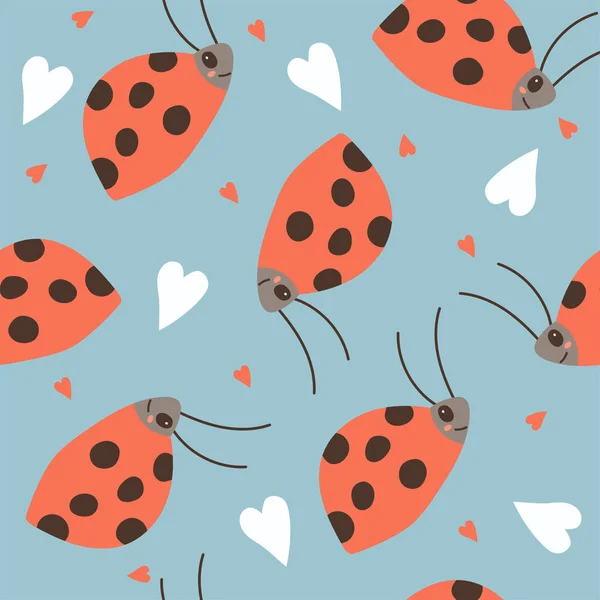 Seamless Repeat Pattern Cute Hand Drawn Ladybugs Vector Hand Drawn — Stock Vector