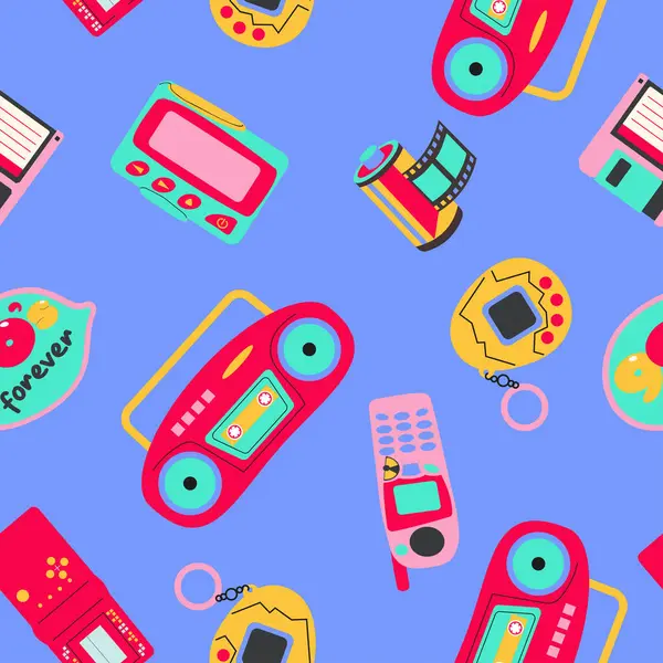 Modern tarz düz çizgi stilinde klasik 80 'ler-90' lar elementleri. Moda desensiz. El çizimi vektör çizimi..