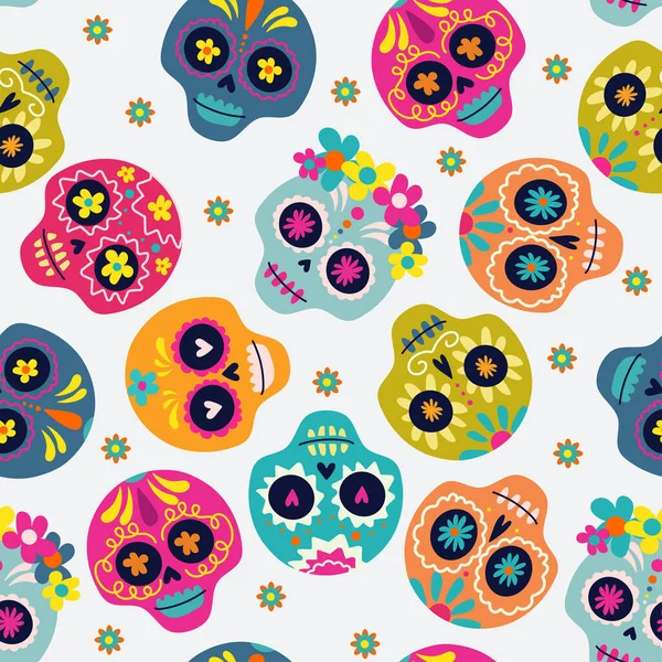 Barevné Lebka Roztomilý Vzor Mexický Den Mrtvých Bezproblémový Vzor Halloween — Stockový vektor