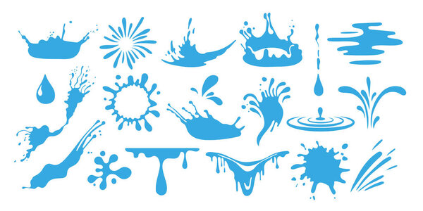 Вода плещется в плоском исполнении. Набор капель воды голубого цвета, капель воды, капель воды и слез. Жидкий поток, волна, поток и лужи.