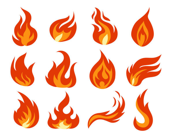 Fire flames set isolated on white background. Vector illustration.