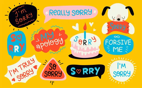 Sorry Stickers Set Apologize Quotes Vector Collection Set Hand Drawn — Stock Vector