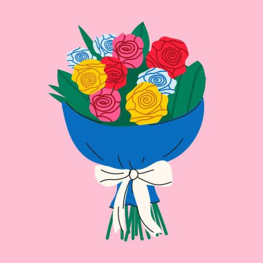 Pembe arka planda bir buket gül. Hediye kağıdına sarılı çiçek buketi. Davetiye için renkli yaz çiçekleri, tebrik kartı, poster, çerçeve, düğün, dekorasyon.