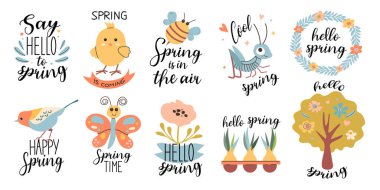 Bahar takımı. Merhaba bahar alıntısı ayarlandı. Mevsim kaligrafi alıntılarıyla bahar etiketleri, çiçekler. El çizimi vektör illüstrasyonu.