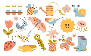 Bahar takımı. Merhaba bahar etiketleri. El çizimi vektör illüstrasyonu.