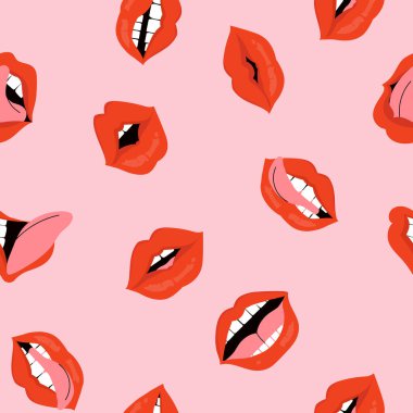 Kusursuz desenli, kırmızı rujlu seksi kadın dudakları. Kırmızı pembe estetik arka plan. Farklı duyguları ifade eden jest koleksiyonu.