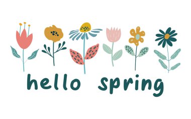 Bahçe çiçekleri. Merhaba bahar mesajı ve beyaz arka planda karalama tarzı çiçekler. Düz vektör illüstrasyonu.