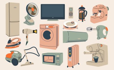 Ev eşyaları ve mutfak aletleri. Mikrodalga fırın, çamaşır makinesi, buzdolabı, kahve makinesi, elektrikli süpürge, demir, blender vs. Vektör izole illüstrasyonu.