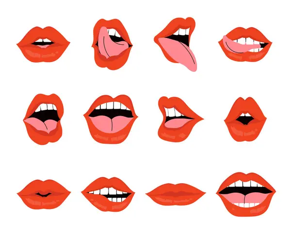 Munuttryck Röda Kvinnliga Läppar Kollektion Vektor Illustration Sexig Kvinnas Läppar — Stock vektor