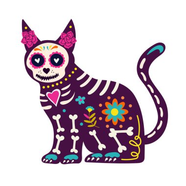  Ölüler Günü, Dia de los muertos, kedi kafatası ve renkli Meksika unsurları ve çiçekleriyle süslenmiş iskelet. Fiesta, Cadılar Bayramı, tatil posteri, parti. Vektör illüstrasyonu