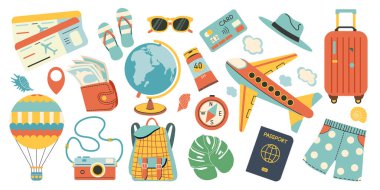 Bir grup sevimli seyahat ikonu. Seyahat ayarlandı. Seyahat koleksiyonu, kamera ve şapka, yolculuk için gerekli aksesuarlar, bagaj, para, sırt çantası, belgeler.