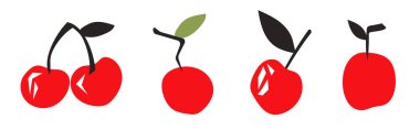 Soyut basit kiraz seti. Çağdaş trend vektör çizimi. İç mekan, poster, kapak, afiş için meyve koleksiyonu tasarımı. Tüm elementler izole edildi.