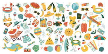 Büyük bir yaz çıkartması seti. Tropik tatil için ikonlar. Mevsimsel element koleksiyonu. Simgeler, işaretler, pankartlar. Parlak yaz tatili posteri.