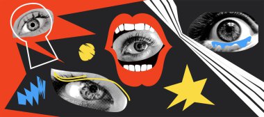 Kolaj için farklı insan gözleriyle vektör yarım ton elementleri. İzole bir görünüm. Yarım ton kolaj seti. Ağız, dudaklar, gözler. Çağdaş grunge tarzı. Retro vektör illüstrasyonu.