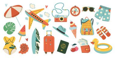 Yazlık çıkartmalar. Tropik tatil için ikonlar. Mevsimsel element koleksiyonu. Simgeler, işaretler, pankartlar. Parlak yaz tatili posteri.