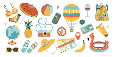 Yazlık çıkartmalar. Tropik tatil için ikonlar. Mevsimsel element koleksiyonu. Simgeler, işaretler, pankartlar. Parlak yaz tatili posteri.