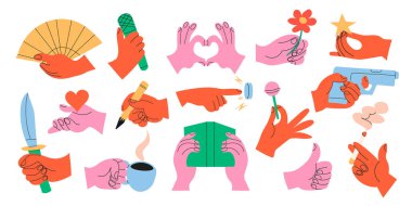 Beyaz arka planda çeşitli şeyleri tutan renkli eller. Farklı operasyonlar ve jestler. El çizimi vektör. Tüm elementler izole.