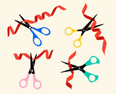 Bej arkaplanda kırmızı kurdele kesen makas. Renkli makasla ayarlayın. Tören kurdelesi ikonu kesti. Düz tasarım tarzı. Vektör illüstrasyonu.