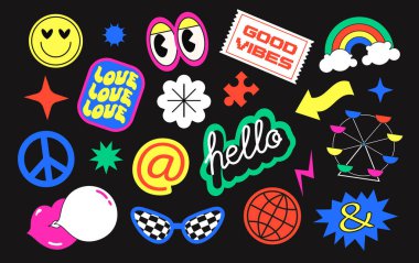 Renkli vektör seti, moda reklam etiketleri. Çeşitli yama, etiket, etiket, çıkartma, alışveriş ve paketleme için pul koleksiyonu. Moda modası geçmiş eski çıkartma şekilleri koleksiyonu. Komik komedi