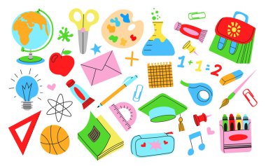 okul ve ofis malzemeleri, renkli ikonlar. 