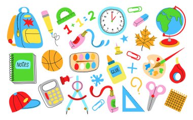 okul ve ofis malzemeleri, renkli ikonlar. 