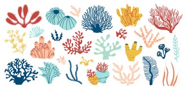 Mercan resifleri ve deniz hayvanlarının vektör kümesi.