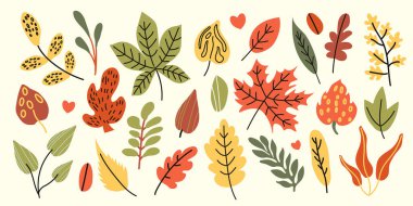 Rengarenk sonbahar yapraklarıyla ıssız bir set. Botanik elementli sonbahar sanat baskısı. Çocuk tasarımı, kumaş, ambalaj, tekstil, duvar kağıdı.