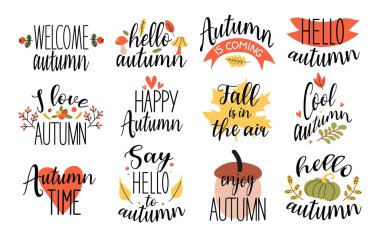 Merhaba sonbahar çıkartmaları, el yazması harfler.