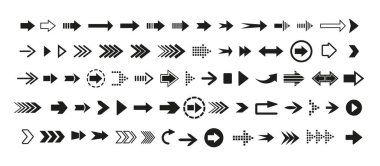 Vektör simgeleri ayarlandı. Beyaz arkaplanda siyah oklar izole edildi.