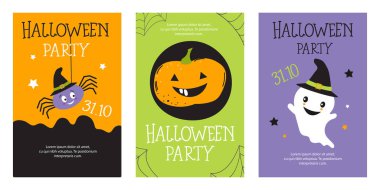 Cadılar Bayramı afiş şablonları koleksiyonu. Sevimli karakterler. Düz stil vektör çizimi. Davetiyeler veya tebrik kartları.