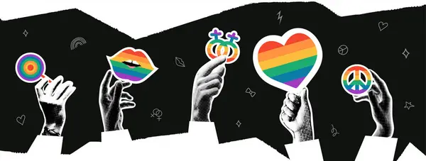 LGBT etkinliklerini dekore etmek için elementlerle kolaj. Kağıt yarım ton eller, tasarım davetiyeleri ve kartlar için retro karışık sanat tarzında gökkuşağı unsurlarını tutuyor. Vektör illüstrasyonu.