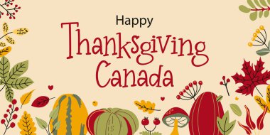 Kanada 'da Şükran Günü için pankart. Harfli ve akçaağaç yapraklı vektör çizimi, balkabağı, böğürtlen, mantar.