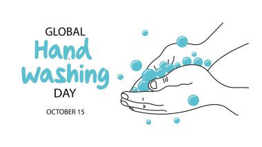 Küresel Bulaşık Günü. 15 Ekim. Su ve sabunla yıkama. Vektör illüstrasyonu.
