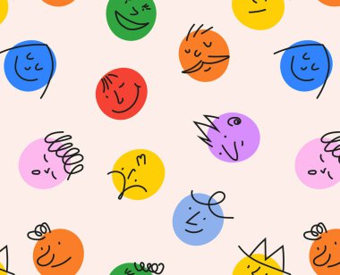 Farklı duyguları olan soyut komik yüzler. Renkli karakterlerle kusursuz bir arkaplan. Düz dizayn. Yazdırma, kağıt, kumaş için ideal.