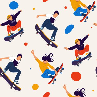 Bir grup modern kaykaycı kaykayla atlıyor. Gençler uzun bir sörf tahtasına biner, atlar ve numaralar yaparlar. Gençler için sokak aktivitesi. El çizimi modern Vektör çizimleri. Logo, baskı, poster, tasarım 