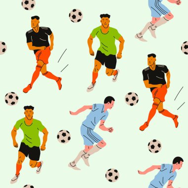 Futbol oynayan bir grup adam. Kare pürüzsüz desen, arka plan, duvar kağıdı. Çeşitli pozisyonlarda. İzole tasarım elementleri. Düz stil. El çizimi modern Vektör illüstrasyonu.