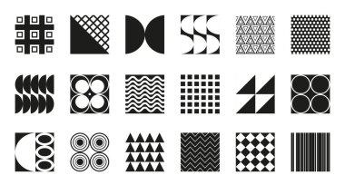 Bir dizi geometrik şekil. Web, antika, reklam, afiş, poster, broşür, reklam panosu, satış için geçmişe dönük unsurlar. Memphis tasarımı. Çizgi ve nokta geometrik şekiller. Vektör illüstrasyonu.
