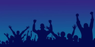 Bir sürü insan siluet vektörü. Karanlık arka plan. Parti, konser, müzik festivali, dans, eğlence, disko, konser, spor. Neşeli gençlik. Neşelenin seyirciler.