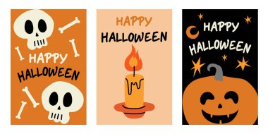 Set of trendy Halloween posters. Flat style and funny characters. Cute vector poster set for postcard,banner, flyer. clipart