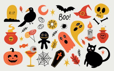 Cadılar Bayramı 'nı kutlamak için bir grup korkutucu eşya. Hatıra defteri, çıkartma, kart, poster için..