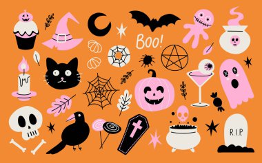 Cadılar Bayramı 'nı kutlamak için bir grup korkutucu eşya. Hatıra defteri, çıkartma, kart, poster için..