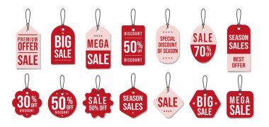 Fiyat indirimi etiketi ayarlandı. Gerçekçi kırmızı satış etiketleri, indirimli fiyat etiketleri mockup.Promosyon satışları etiketleme şablonu seti. İpli kağıt hediye etiketi. Perakende ürün etiketi ögeleri