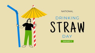 Ulusal Kamış İçme Günü. 3 Ocak. Küçük sevimli adam pipet tutuyor. Arkaplan, afiş, kart, metin yazımlı poster şablonu.