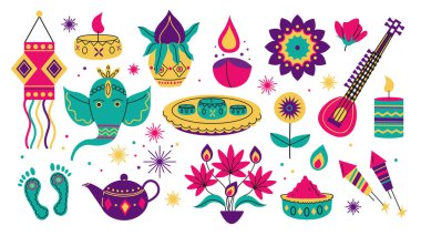 Bayram dekoru için Diwali elementleri seti. Geleneksel Hint Diwali Işık Festivali. Beyaz arkaplanda vektör illüstrasyonu düz biçimi.