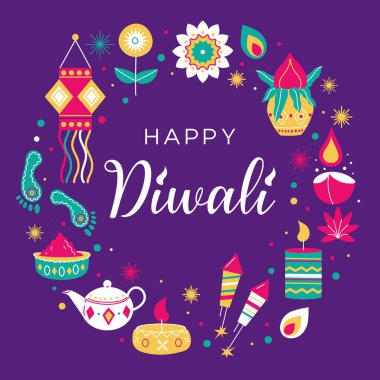 Mutlu bayramlar. Hindu bayramı Diwali 'si için tebrik kartı. Karanlık bir arka planı olan modern elementler. Vektör illüstrasyonu.