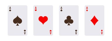 Beyaz bir arka planda her türlü oyun ve poker kartı. Vegas Kumarhanesi Kırmızı ve Beyaz Poker Kartları Saflarda Ayarlandı. Kumar Bağımlısı, Riskli Para, Şanslı Oyun. Vektör İllüstrasyonu.
