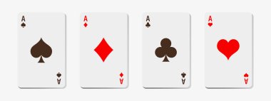 Beyaz bir arka planda her türlü oyun ve poker kartı. Vegas Kumarhanesi Kırmızı ve Beyaz Poker Kartları Saflarda Ayarlandı. Kumar Bağımlısı, Riskli Para, Şanslı Oyun. Vektör İllüstrasyonu.