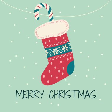 Mutlu noeller. İpe renkli çorap takılmış şirin bir yeni yıl kartı. Düz biçimli vektör illüstrasyonu.