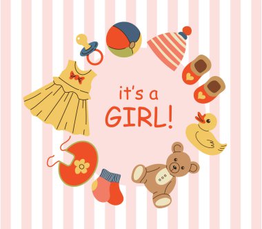 Bu bir kız. Bebek partisi davetiyesi. Bebek kıyafetleri ve aksesuarlarıyla davetiye. Parti davetiyesi, poster, tebrik kartı şablonu.